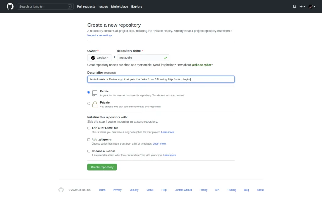 Enter New Repository Details in GitHub