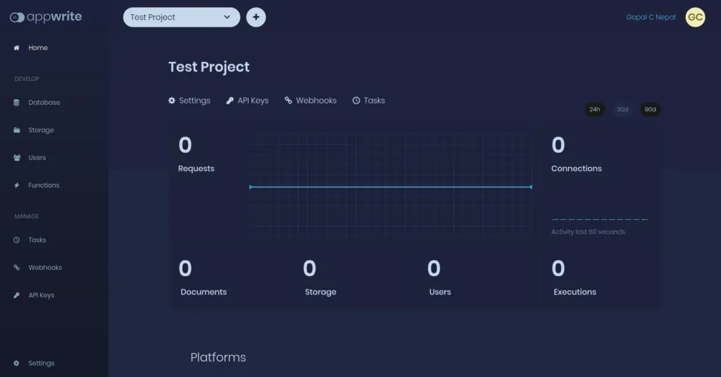 Appwrite project dashboard