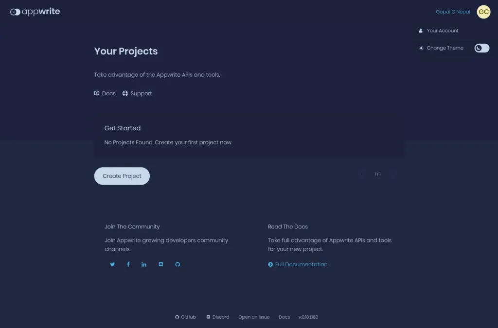 Appwrite login dashboard to create project